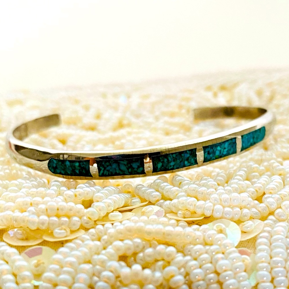 Vintage Sterling Silver Crushed Turquoise Cuff Bracelet
